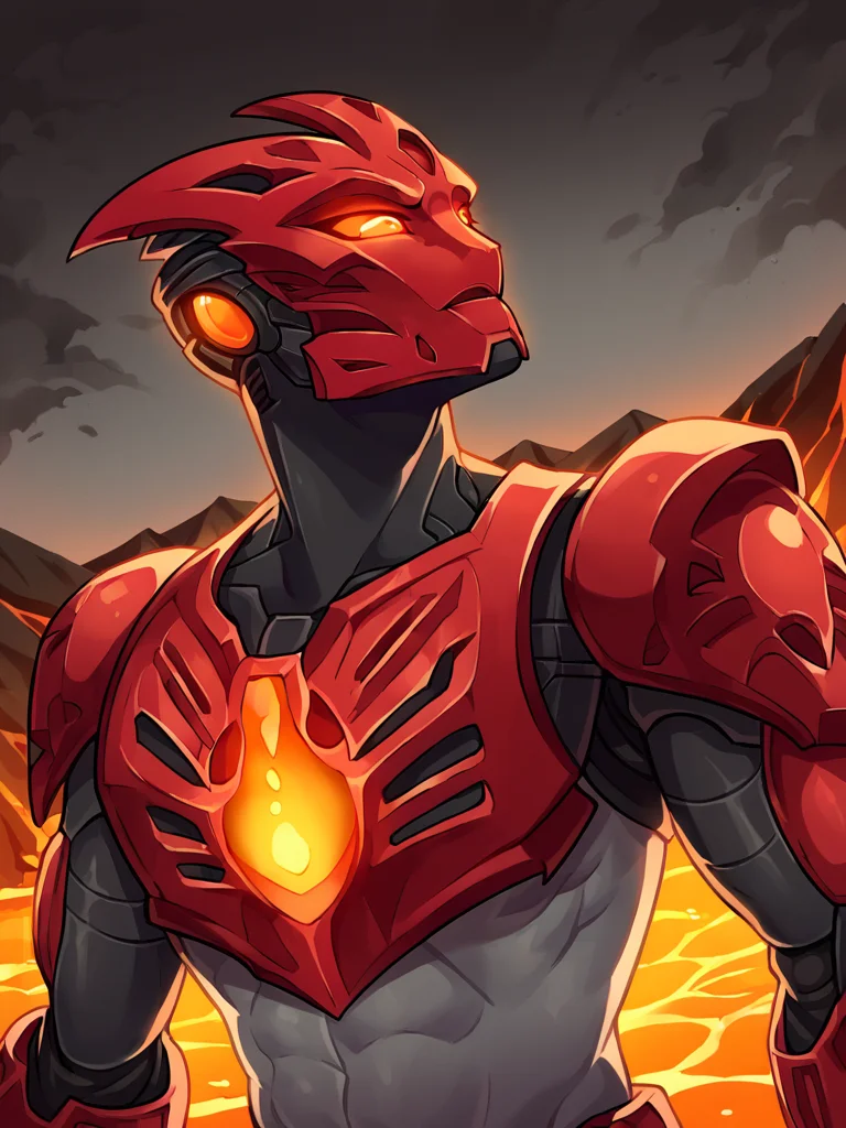 Score_9, score_8_up, score_7_up, score_6_up, volcano cave backdrop, lava, upper body, dutch angle, Bionicle, 1boy, solo, red armor, red shoulder pads, gray skin, robot, glowing orange eyes, glowing core, red mask, flame, tribal motiffs , armored, Toa Tahu, <lora:BionicleXL:1>
