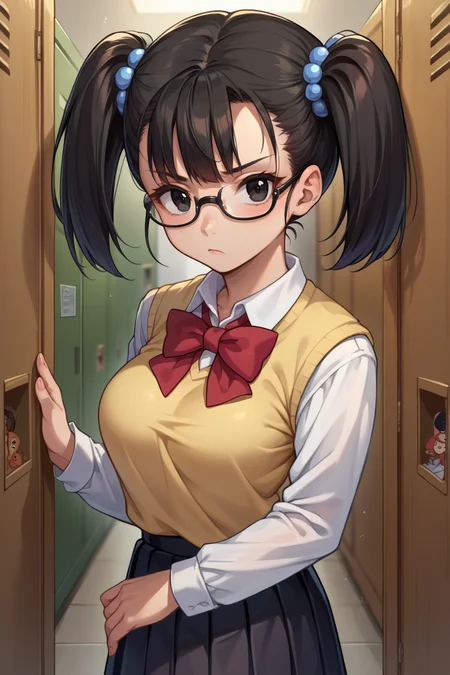 score_9, score_8_up, score_7_up, score_6_up, source_anime, BREAK 1girl, solo, <lora:dq3fighter-pdxl-nvwls-v1-000006:1> dq3fighter, black hair, twintails, black eyes, hair ornament, yellow sweater vest, red bow tie, long sleeves, pleated skirt, glasses, looking at you, medium breasts, confused, hallway, lockers, black skirt
