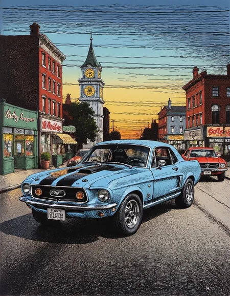 an illustration of a muscle car show on the city street, muscle cars parked along the city street, in the style ofr0b3rt_crum8