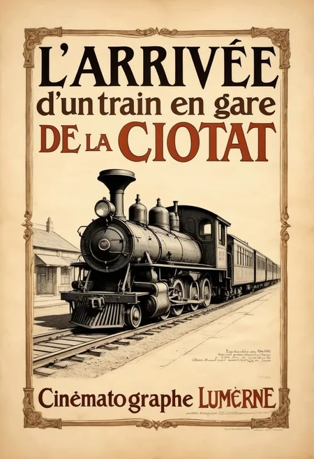 Vintage movie poster. on parchment illustration of an old train captioned with large bold retro Serif font lettering "L’Arrivée d’un train en gare de la Ciotat". Smaller Italic style writing "Cinématographe Lumière"