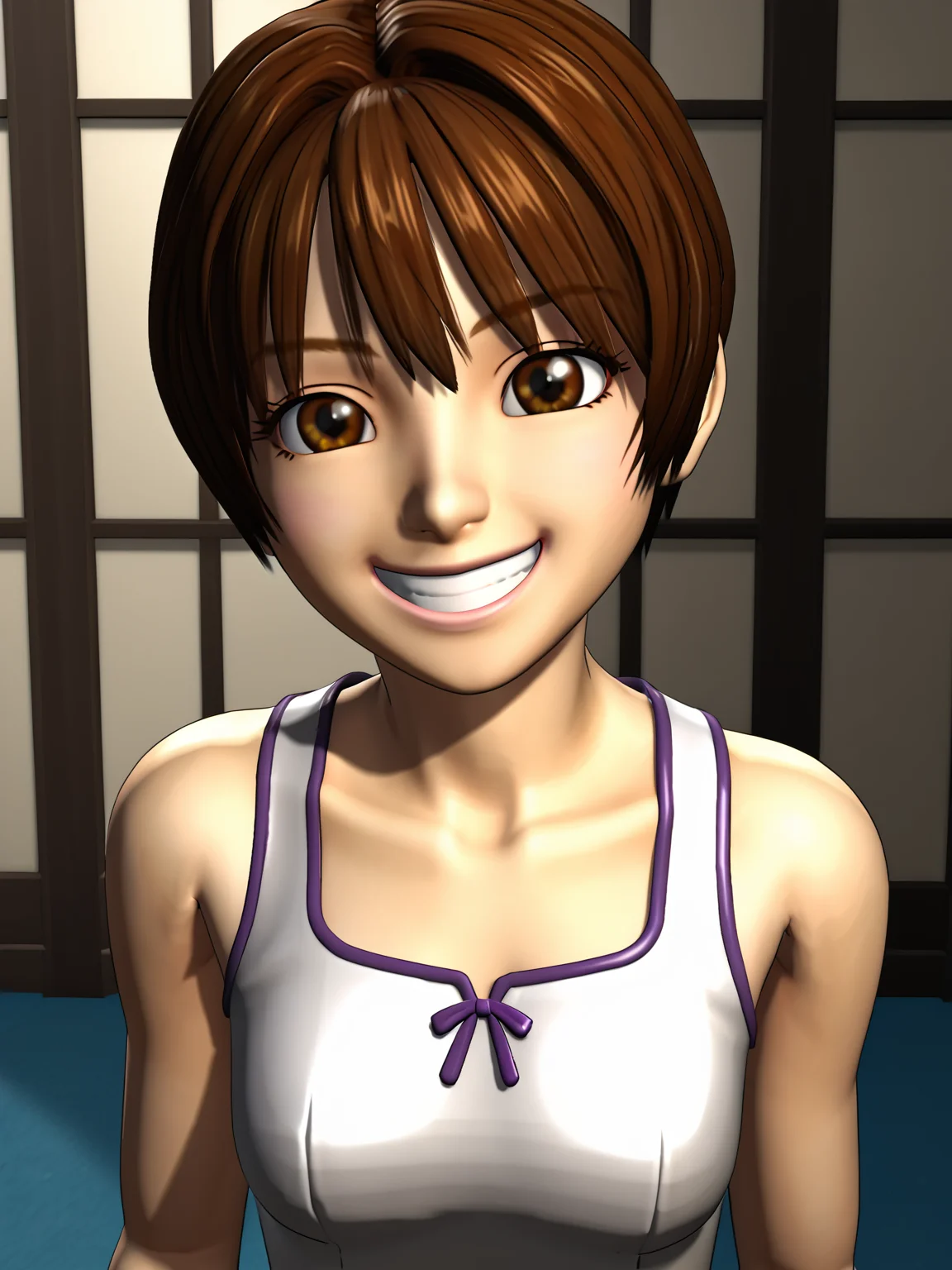 3d, yukiterai, brown hair, brown eyes, 1girl, score 8 up, score 9 up, <lora:YukiTerai:0.9>, white dress, big smile