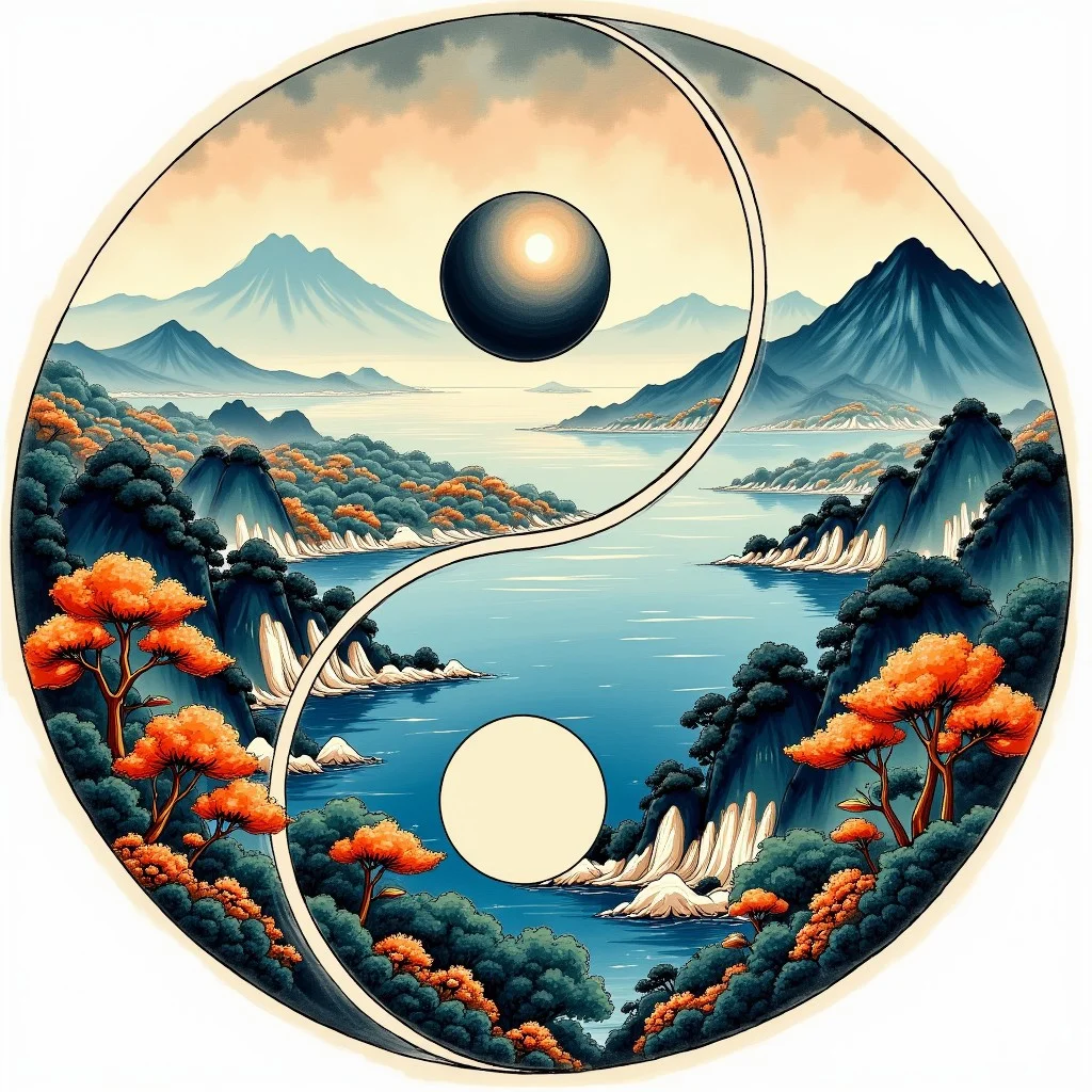 birds eye view landscape, mount fuji, sea scenery, japanese style, yinyang