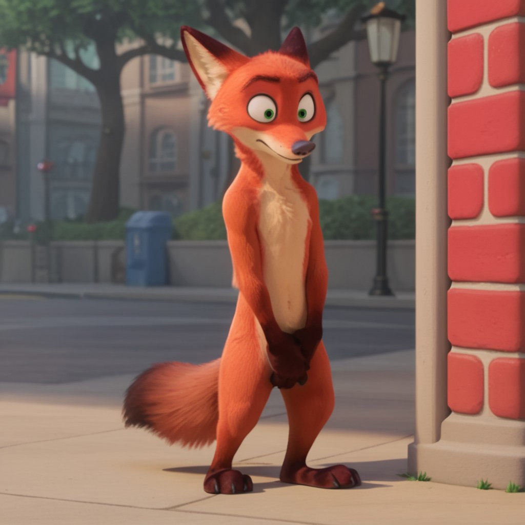 score_9, score_8_up, score_7_up, score_6_up, score_5_up, score_4_up, source_furry, WildeNickzt, anthro, male, fox, orange fur, green eyes, standing, street corner, hands covering crotch, wide-eyed, standing, street corner
