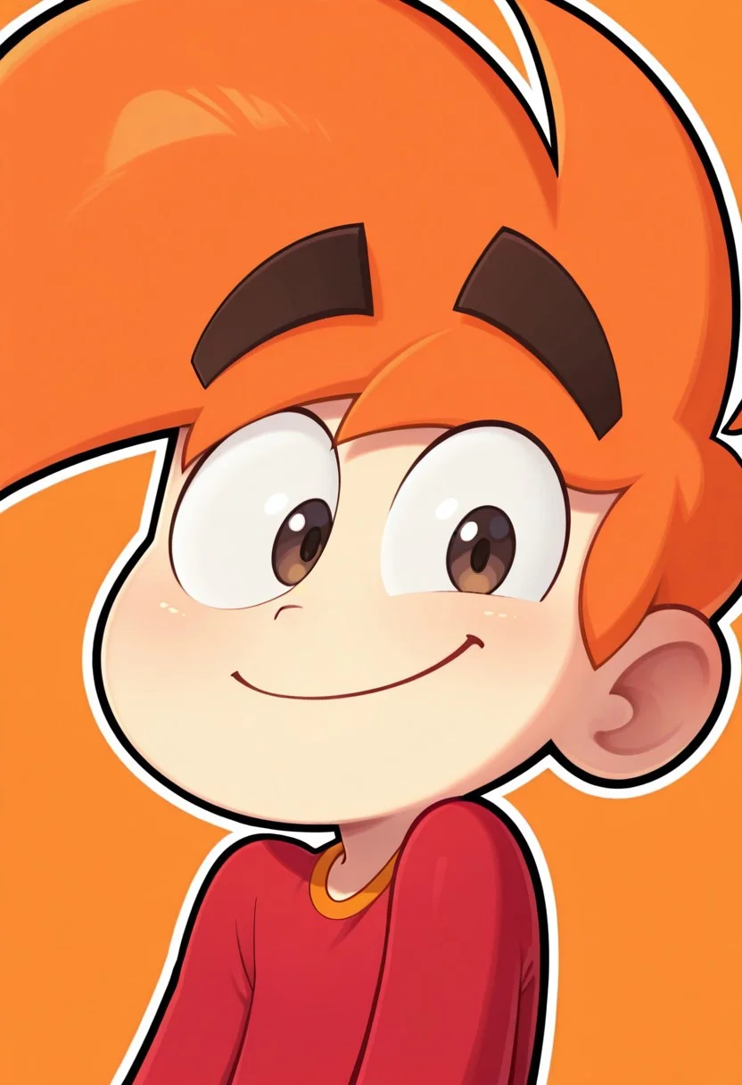score_9, score_8_up, score_7_up, masterpiece, best quality, amazing quality, ls mark, 1boy, orange hair, solo, male focus, red shirt, smile, shirt, outline, looking at viewer, closed mouth, white outline, brown eyes, orange background, upper body