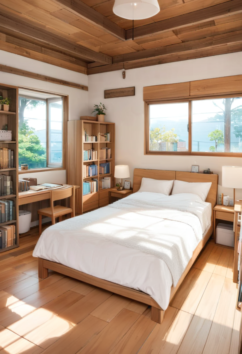 masterpiece, best quality, very aesthetic, absurdres,
shinshitsu, scenery, bed, book, wooden floor, shelf, indoors, plant, window, bookshelf, chair, table, bedroom, pillow, lamp, day, tree, 
 <lora:JMShinshitsu_SDXL_V1:1>
