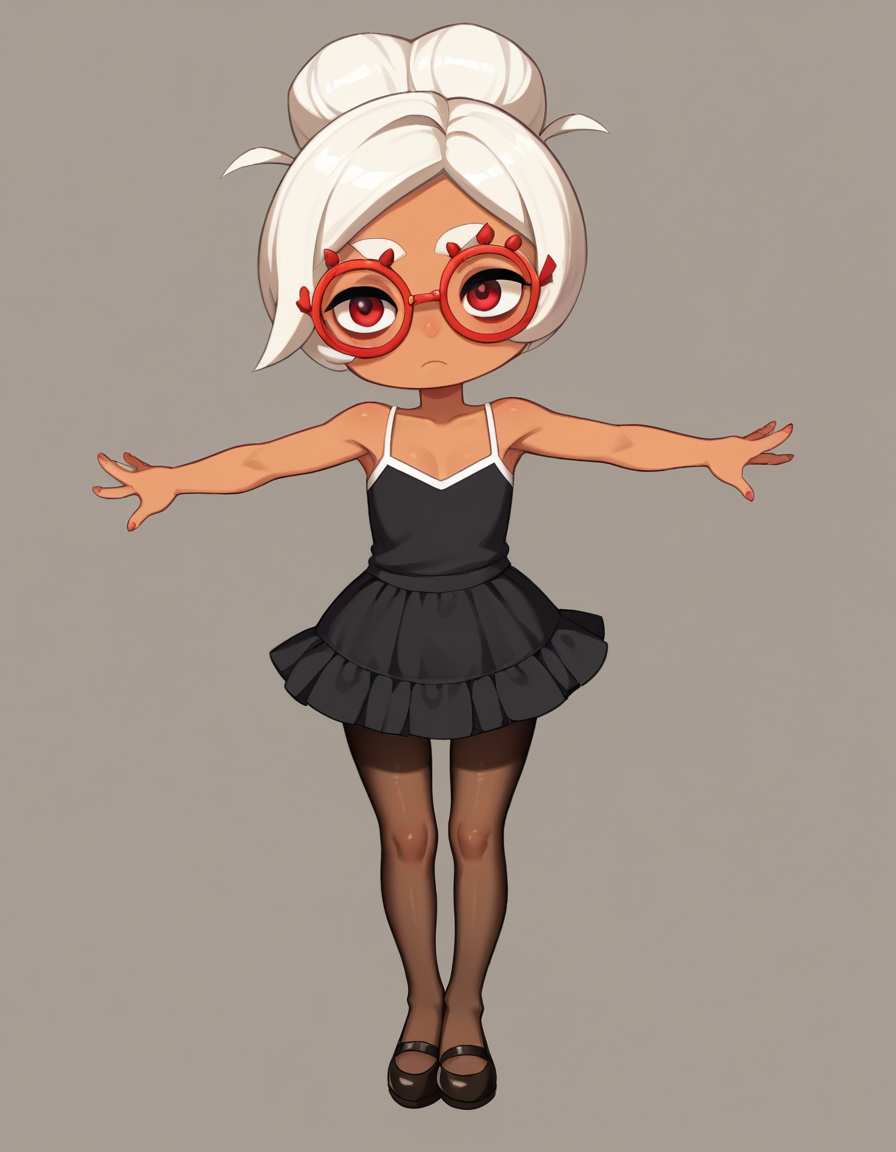zPDXL, score_9, score_8_up, score_7_up, source_anime, 1girl, solo,
 <lora:LilPurah_v1.2:0.8> purah, sheikah, white hair, dark-skinned female, child, thick eyebrows, red eyes, red-framed eyewear, hair bun, (camisole, skater-skirt, ballet-flats, sheer-pantyhose),