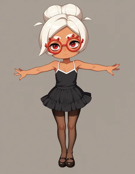 zPDXL, score_9, score_8_up, score_7_up, source_anime, 1girl, solo,
<lora:LilPurah_v1.2:0.8> purah, sheikah, white hair, dark-skinned female, child, thick eyebrows, red eyes, red-framed eyewear, hair bun, (camisole, skater-skirt, ballet-flats, sheer-pantyhose),