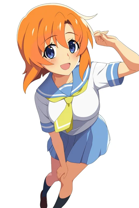 higurashimei, 1girl, ryuuguu rena, solo, breasts, medium breasts, blue eyes, blush, open mouth, orange hair, short hair, big breasts, simple background, white background, blue school uniform, serafuku, skirt, smile, pleated skirt, blue skirt, necktie, yellow necktie, looking_at_viewer, 
(atmospheric perspective), 
(masterpiece, best quality, absurdres, highres, newest, very awa:1.2), 