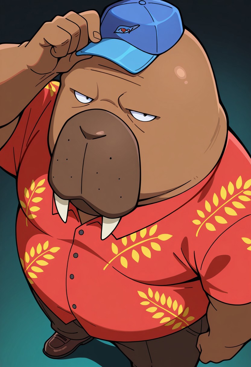 0do, dark teal background, blurry background, 1boy, male, solo, anthro, walrus, brown skin, chubby, fat, belly, overweight, black eyes, tusks, red short-sleeved shirt with yellow leaf print, dark brown pants, brown shoes, blue cap with a logo, BREAK high angle, hand on cap, upper body, legs out frame, face focus, looking at viewer, serious expression