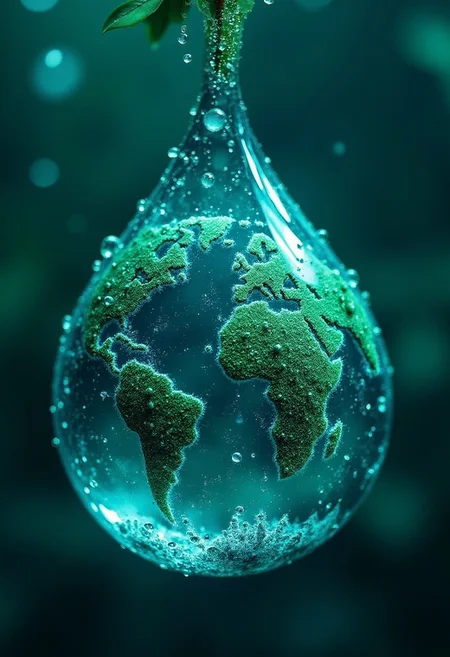 Green world trapped into the blue rain droplet with million droplets creating a stunning galaxy