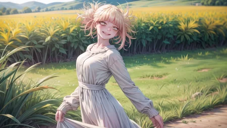 masterpiece, ultrarealism,
1girl, (((white dress, dress, cute dress, linen dress, long dress))), (perfect hands:1.2), Solo, portrait, closeup, view from the back, blond hair, look at the viewer, cute smiling, amazing eyes, detailed eyes, <lora:GoodHands-vanilla:1>,
dazzling rays of the sun, day, amazing background, stands in the center, best shadows, strong depth of field, fields, hill, greenery, grass,
(realistic:1.3), epic realistic, detailed, 4k, <lora:TogaHimikoLoRA:1>, <lora:add_detail:1.0>,
