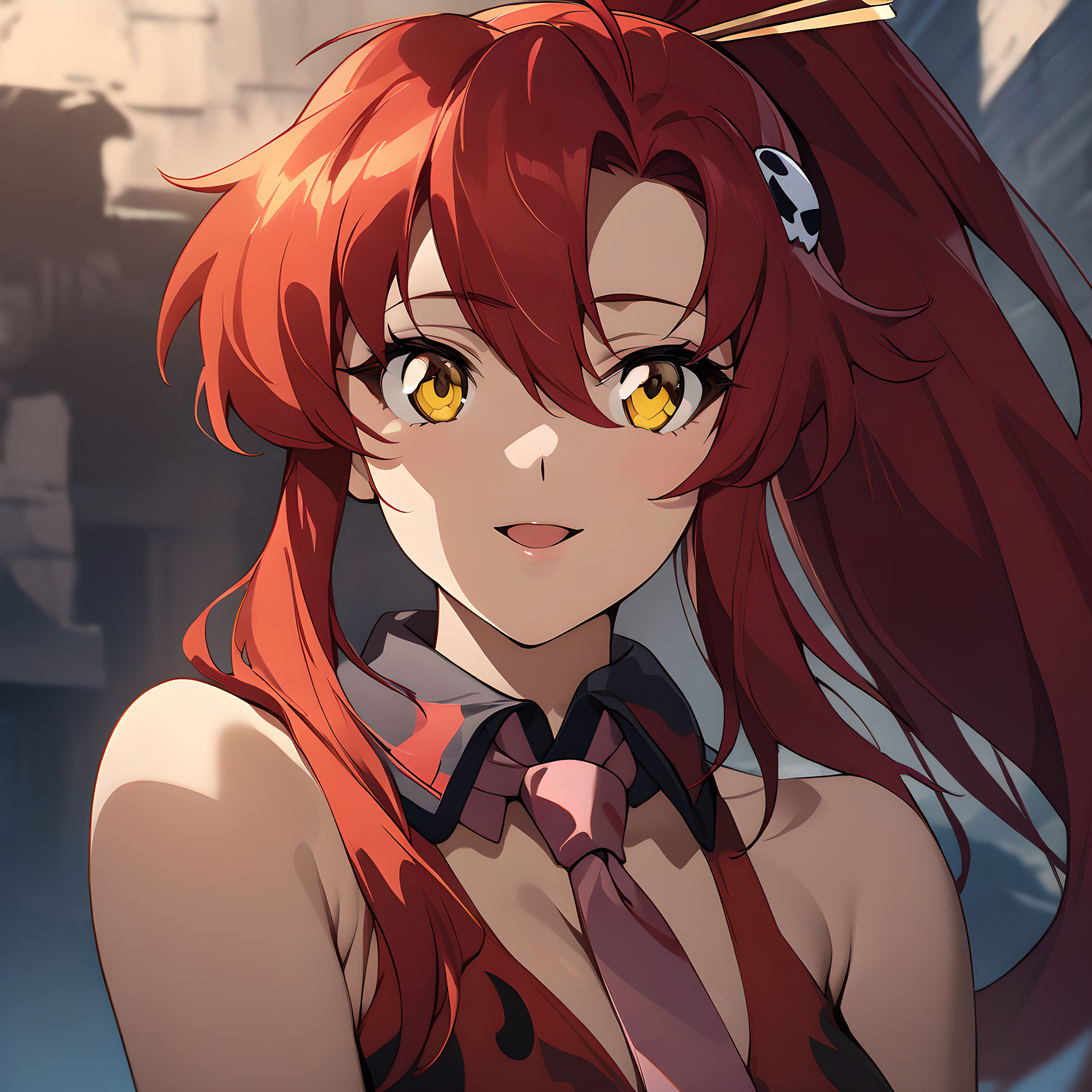 (masterpiece),(best quality),(ultra-detailed),(best illustration),(best shadow),(absurdres),(detailed background),(very aesthetic), yoko littner, 1girl, solo, red hair, parody, gloves, yellow eyes, long hair, style parody, open mouth, hair ornament, ponytail, necktie, portrait, very  close-up, seductive smile, <lora:Yoko_Littner:1>