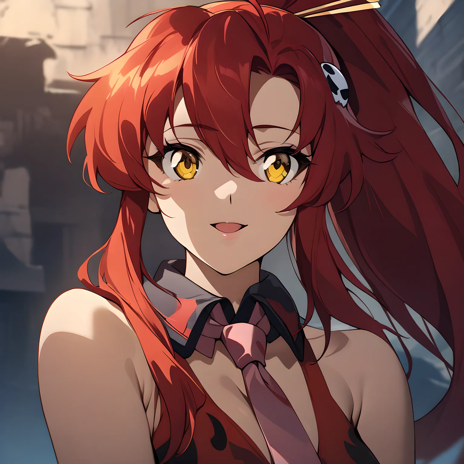 (masterpiece),(best quality),(ultra-detailed),(best illustration),(best shadow),(absurdres),(detailed background),(very aesthetic), yoko littner, 1girl, solo, red hair, parody, gloves, yellow eyes, long hair, style parody, open mouth, hair ornament, ponytail, necktie, portrait, very close-up, seductive smile, <lora:Yoko_Littner:1>