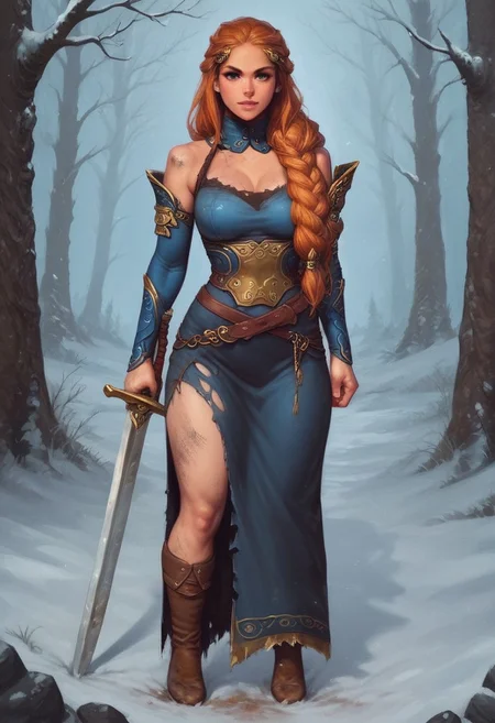 1girl, realistic drawing, anime, by Sam Yang, northern forest, snow,
gorgeous seductive Norse woman, 24 years old, (flirty), looking at viewer,
standing to a roaring campfire, dynamic pose
long auburn hair,
dark brown eyes,
torn linen dress, leather, rags, tattered clothing, hips, groin, dirty,
masterpiece, best quality, highly detailed, realistic
((full-clothed)), ((long big sword in hands, big sword in hands))
BREAK
strange world background score_9, score_8_up, score_7_up, score_6_up, source_cartoon, rating_explicit, Expressiveh, (((((full body))))), dynamic pose