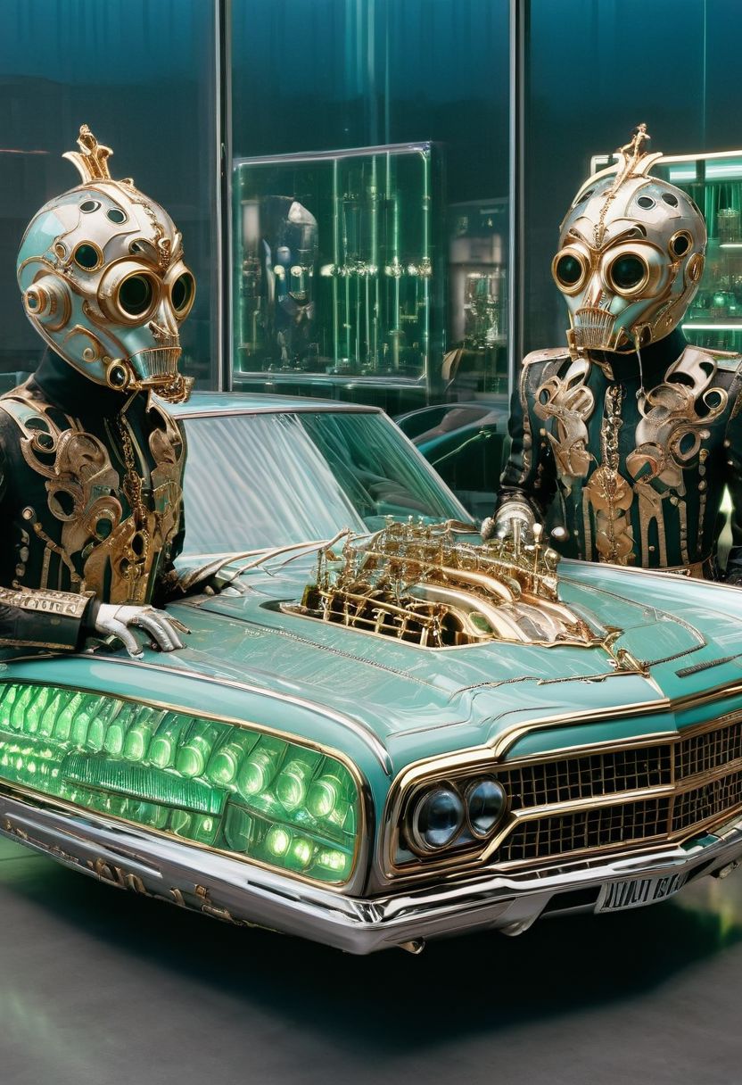 An incredible award winning experimental cinematic still, Three brave men with bell jars for gigantic heads, they have huge freakish eyes, wearing delightful stylish jumpsuits by Gucci, posing in front of a stylish futuristic lowrider hoover car with etched uranium glass windows, 1970s science fiction, dramatic cinematic moody lighting, full soft offset printing, psychedelic trip, cursed image, masterpiece, museum quality, Robert Rauschenberg rococo Style, RococoPunkAI