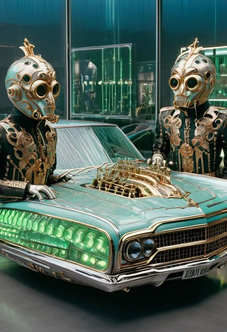 An incredible award winning experimental cinematic still, Three brave men with bell jars for gigantic heads, they have huge freakish eyes, wearing delightful stylish jumpsuits by Gucci, posing in front of a stylish futuristic lowrider hoover car with etched uranium glass windows, 1970s science fiction, dramatic cinematic moody lighting, full soft offset printing, psychedelic trip, cursed image, masterpiece, museum quality, Robert Rauschenberg rococo Style, RococoPunkAI