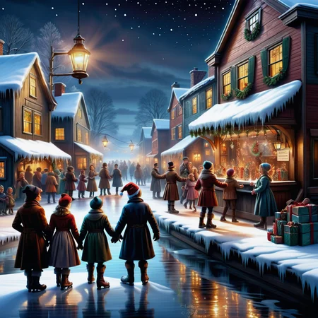hyper detailed masterpiece, dynamic realistic digital art, awesome quality, scandinavian christmas art, bob cratchit, ornaments, harmonious and unified,overflowing with love and goodwill,enchanting and magical, industrial lighting, ice skating with friends and family on a frozen pond