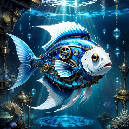 art, A captivating steampunk-inspired painting of an enchanting, vibrant blue fish. The fish is intricately designed with gears, cogs, and metallic components, giving it a futuristic and industrial look. Its translucent fins resemble cascading water, creating a mesmerizing effect. The fish swims against a light blue and white geometric background, with its reflection mirrored in the calm water below. This anime and fantasy-inspired illustration emanates a dark and mystical atmosphere, drawing the viewer into its captivating world., illustration, anime, dark fantasy, painting, highly detailed, spotlights, bokeh <lora:art-v5:.6>