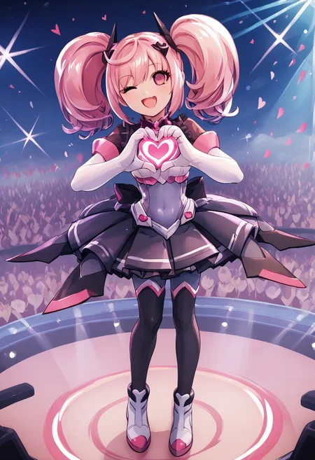 score_4,score_5,score_6,score_7_up,score_8_up,score_9
((masterpiece,best quality,ultra detailed,highres,HD,4k:1.2)),
1 cute girl,girl forcus,
full body,long hair,twintail,pink hair,pink eyes,Black conjunctiva,
elbow gloves,covered navel,body suit,skirt,boot,black knee socks,
stage,idol stage,((Make a heart symbol with both hands, heart with both hands,heart hands,heart symbol)), looking at the audience,
happy, smile, open mouth,wink,