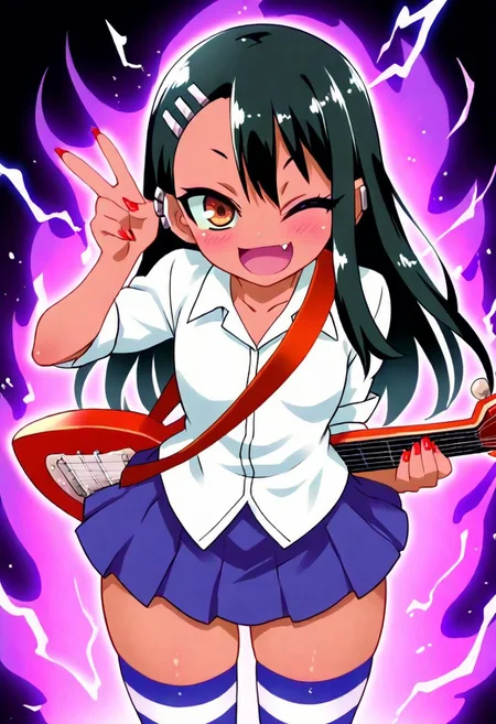 masterpiece, best quality, 1girl, solo, (curvy), eyelashes, (beautiful detailed eyes),
,,,
college model, professional idol,
aura, energy, furious,
,,,
nagatoro hayase, long hair, bangs, black hair, hair ornament, brown eyes, hairclip, fang, dark skin, tan, skirt, shirt, school uniform, white shirt, pleated skirt, nail polish, blue skirt, red nails, earclip,
electricity,
solo, looking at viewer, blush, smile, open mouth, thighhighs, one eye closed, fang, striped, bell, ;d, instrument, striped thighhighs, guitar,
dynamic pose,
, (foreshortening),
,,,
BREAK,
cowboy shot, looking at viewer,