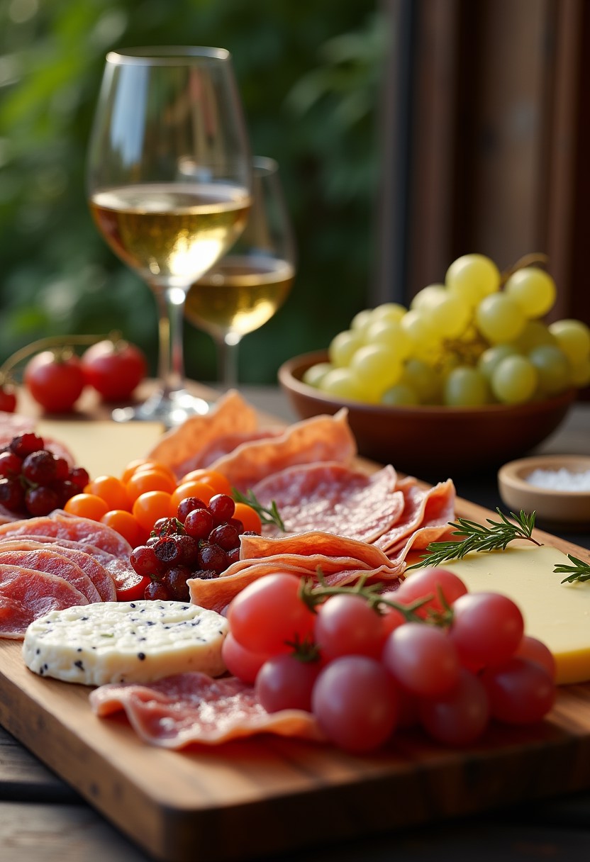 FIRST - A fancy Charcuterie board, beautiful, mouthwatering cold cuts, cured meats, various types of cheese, grapes, sundried tomatoes, a couple of glasses of white wine on the table, dynamic angle, relaxing atmosphere,
Photorealistic, Highly detailed, masterpiece, 4k, high resulution, great lighting, depth of field,
