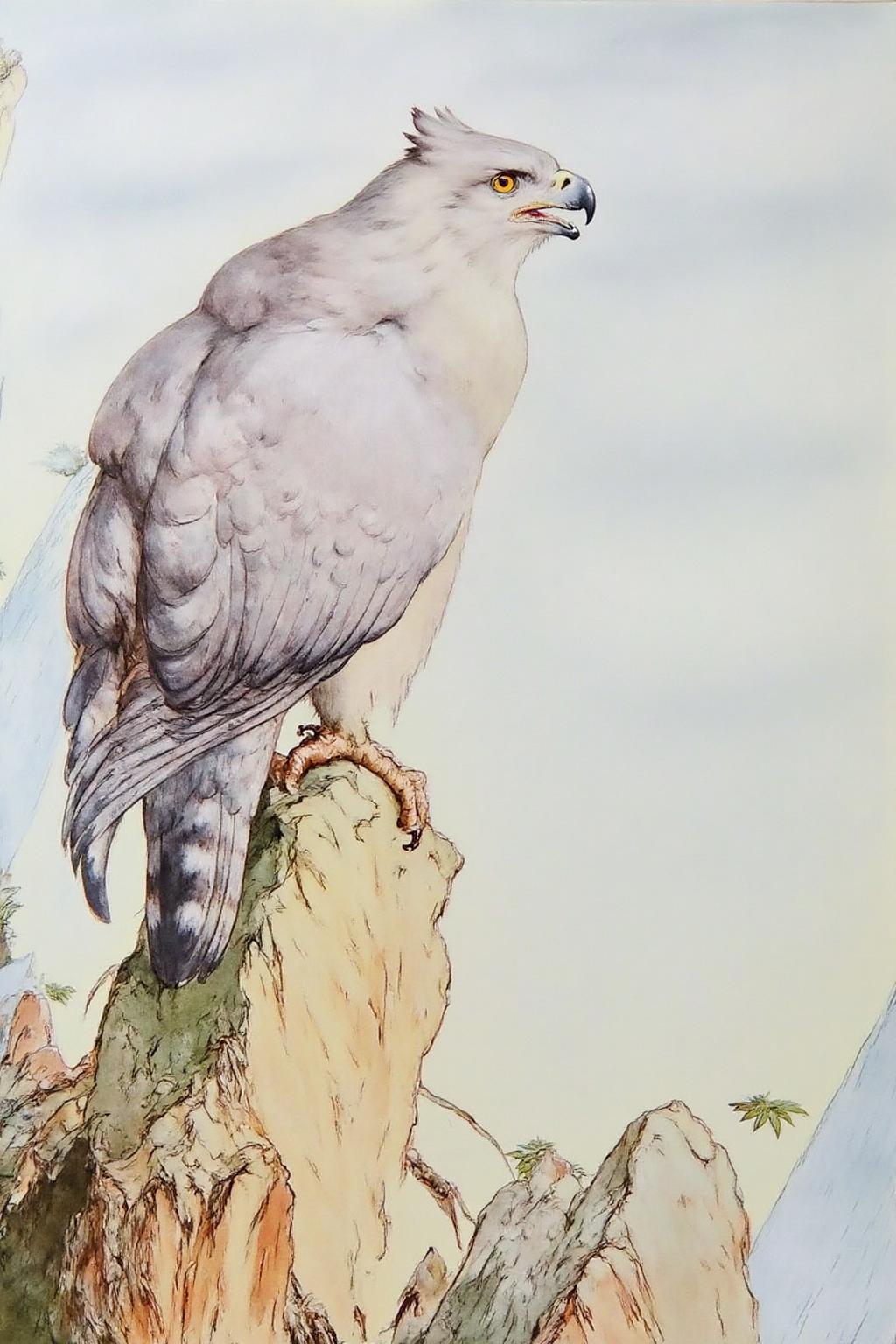 detmo1d watercolor painting.
A detailed, watercolor painting of a bird of prey, perched on a rocky outcrop. The bird's plumage is depicted in soft, muted tones of gray and white, with intricate detailing that showcases the texture of its feathers. The eagle's head is turned to the right, with its sharp, curved beak open as if in mid-call. <lora:detmold1_cap_d6a3e13:1.0><lora:831792473820041049:0>