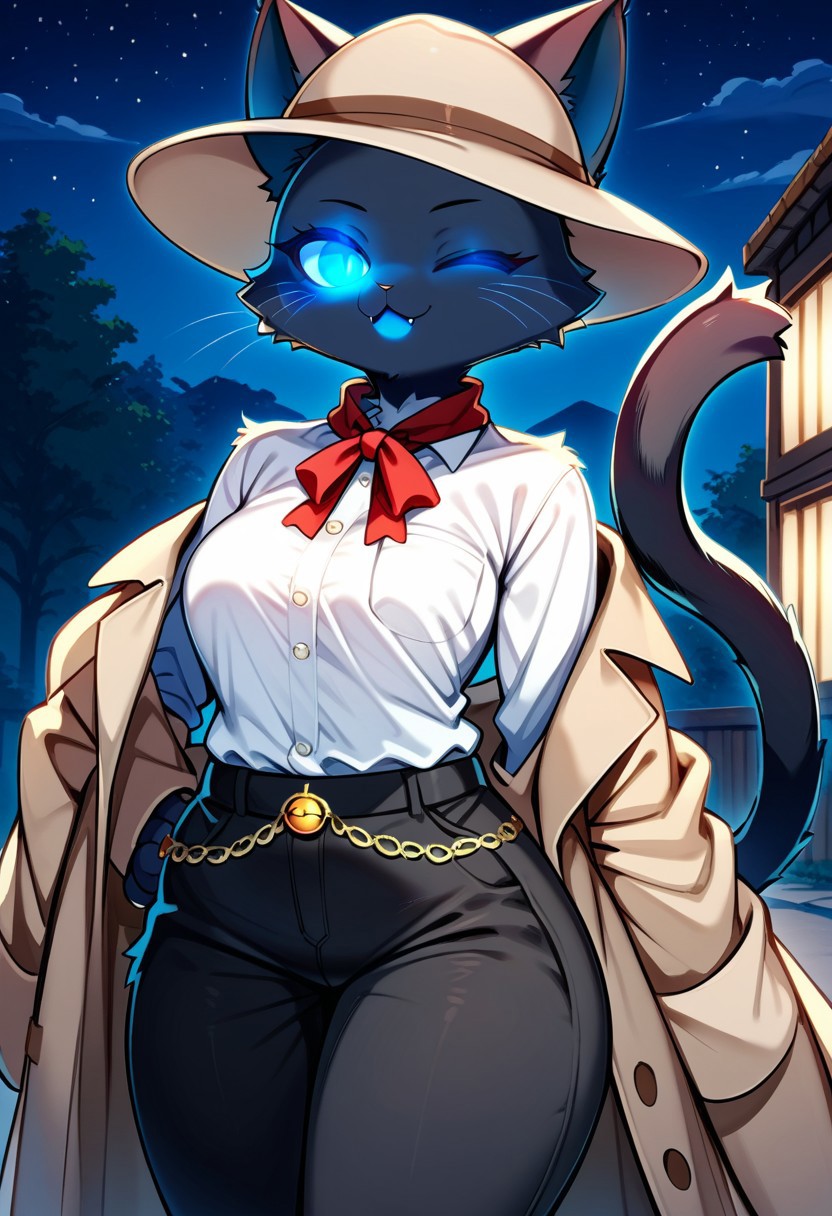 score_9, score_8_up, score_7_up, furry, 1 girl, cat girl, black fur, beige coat, beige hat, black pants, white shirt, blue eyes, blue mouth, outdoors night, one eye closed, red  neck ribbon, hip chain, ears through hat, ((glowing eyes))