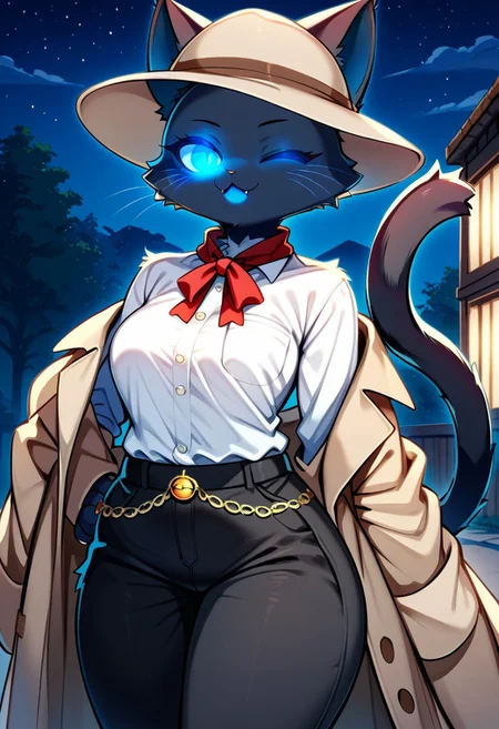 score_9, score_8_up, score_7_up, furry, 1 girl, cat girl, black fur, beige coat, beige hat, black pants, white shirt, blue eyes, blue mouth, outdoors night, one eye closed, red neck ribbon, hip chain, ears through hat, ((glowing eyes))