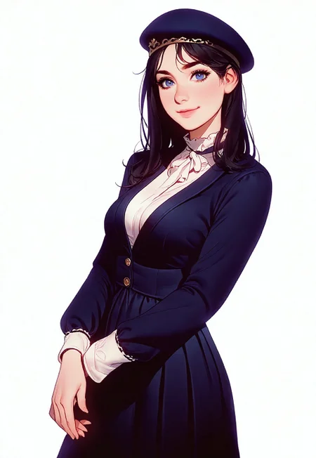 safe_pos, 1girl, caitlyn(League of legends), detailed blue eyes, thin lips, medium breast, looking at viewer, smiling,
skirt, suit jacket, marine beret hat, victorian era,
artist : tsuaii,
(((white background))),
masterpiece, best quality, very aesthetic,
