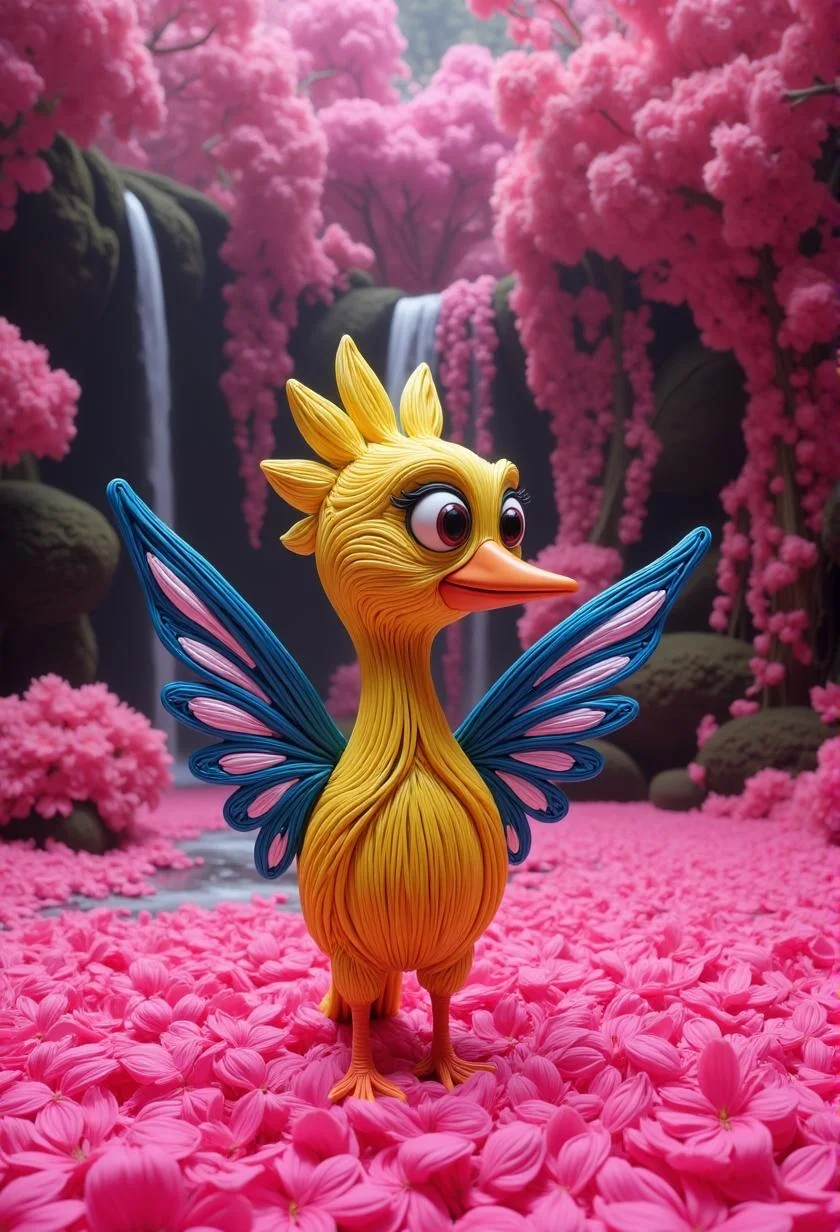 <lora:flux-licoricestyle.safetensors:1> made out of Licorice, A fantastical creature with striped, animal-like features, blending the familiar with the exotic.
A cartoonish bird with vibrant yellow feathers and contrasting blue wings stands on a pink petal-covered surface within a lush, dreamy landscape filled with magenta hues. The background features cascading water and dense foliage, creating a magical environment. The bird has large, expressive eyes and a pointed beak, gazing curiously at the viewer.