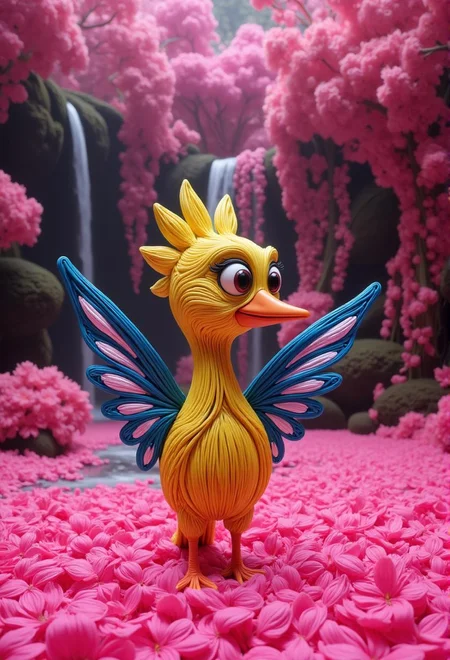 <lora:flux-licoricestyle.safetensors:1> made out of Licorice, A fantastical creature with striped, animal-like features, blending the familiar with the exotic.
A cartoonish bird with vibrant yellow feathers and contrasting blue wings stands on a pink petal-covered surface within a lush, dreamy landscape filled with magenta hues. The background features cascading water and dense foliage, creating a magical environment. The bird has large, expressive eyes and a pointed beak, gazing curiously at the viewer.