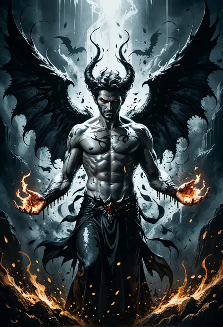 cinematic film still Ink illustration,create for me a visual masterpiece,the exacting precision of every ink stroke making the canvas come alive with awe inspiring visuals,(illustration of the fall of lucifer),the death of evil,(((intricate background of evil spirits in the shadows))),masterpiece,inked,splash,motion blur, Ultra-HD-details . shallow depth of field, vignette, highly detailed, high budget, bokeh, cinemascope, moody, epic, gorgeous, film grain, grainy