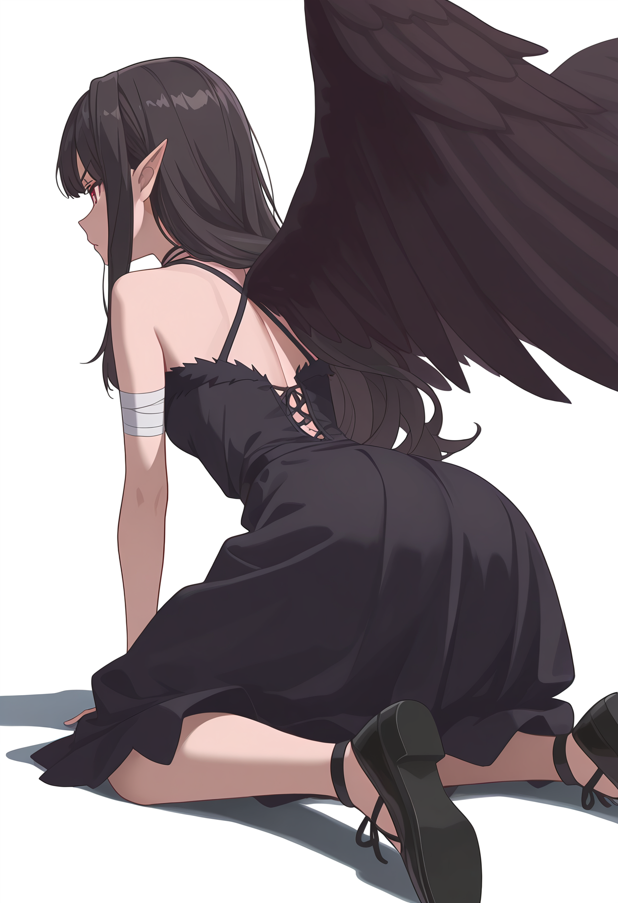 Smooth Quality,masterpiece,very intricate, high quality details, ultra realistic, high detailed skin,detailed enviorement,absurdres,
simple background, white background,
from behind,determined,kneeling, one hand on ground, reaching forward, focused, tense,  ,
 <lora:Reese_evecnn:0.8>evecnn,1girl, long hair, black hair, red eyes, pointy ears, bangs, black dress, sleeveless dress, halterneck, criss-cross halter, choker, shoes, black footwear, black wings, feathered wings, bandages,