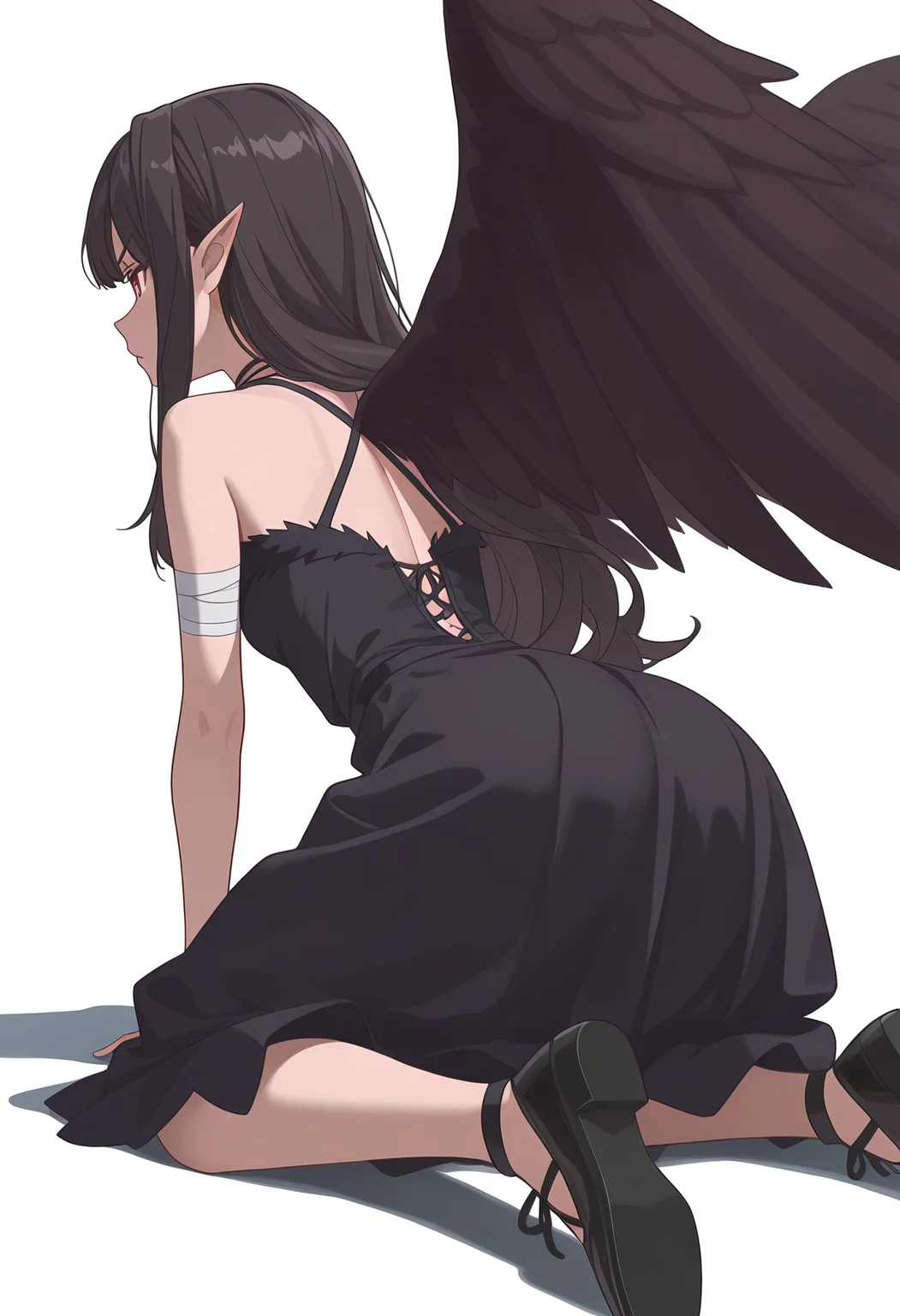 Smooth Quality,masterpiece,very intricate, high quality details, ultra realistic, high detailed skin,detailed enviorement,absurdres,
simple background, white background,
from behind,determined,kneeling, one hand on ground, reaching forward, focused, tense,  ,
 <lora:Reese_evecnn:0.8>evecnn,1girl, long hair, black hair, red eyes, pointy ears, bangs, black dress, sleeveless dress, halterneck, criss-cross halter, choker, shoes, black footwear, black wings, feathered wings, bandages,