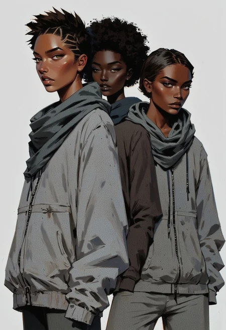 A realistic, fashion editorial photoshoot of three avant garde, multi cultural female models wearing style forward full zip, grey heather hooded sweatshirts. high fashion. luxury fashion. 35mm photography.