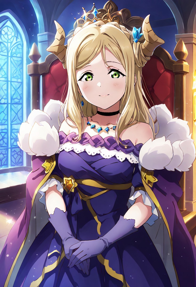masterpiece, best quality, solo, 1girl, aged up, happy, 
 ohara_mari, mari_ohara, MariMari, green eyes, blonde hair, demon horns, long hair, crown braid, black choker, blue dress, purple gloves, bare shoulders, off-shoulder dress, purple cape, fur trim, fantasy idol queen, glittering gemstones, layered royal gown, ornate stage with stained glass, throne of light, glowing symbols, moonlight beaming through, commanding and regal presence