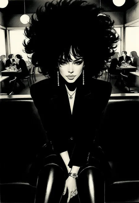 regr1 illustration.
a black-haired black woman seated in a dimly-lit restaurant. She is dressed in a dark-colored jacket and faux-leather leggings, his hands resting on her lap. The woman's face is adorned with a afro hairdo, adding a pop of color to the otherwise monochromatic scene. The restaurant is filled with people, their tables and chairs visible in the background. <lora:regr3_shoujo_nocap_d6a3:1.0><lora:808055735763155314:0>