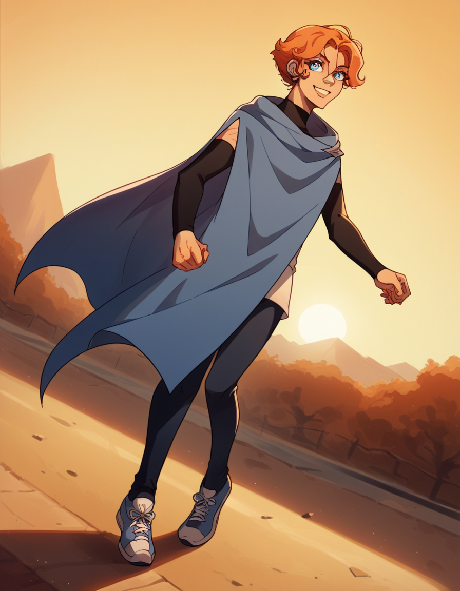 score_9, score_8_up, score_7_up, source_anime, <lora:castlevania-sypha-ponyxl-lora-nochekaiser:1>, sypha, short hair, blue eyes, orange hair,, cape, blue cape,, suburban neighborhood, morning jog, earphones, running shoes, fresh air, sunrise, smile, looking at viewer, hand shaking hands, solo,, cowboy shot, dutch angle