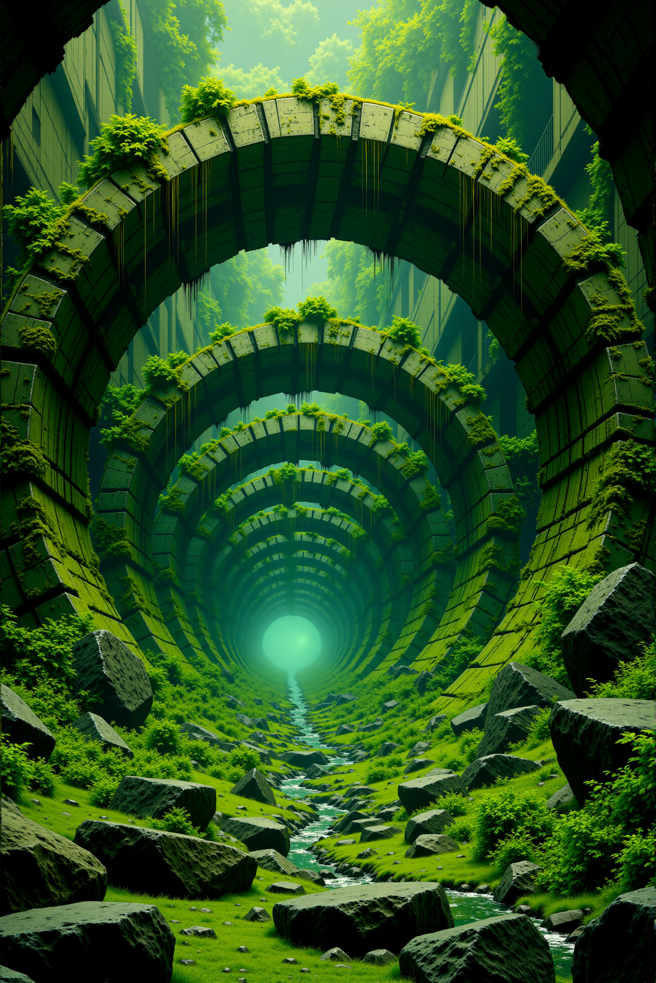 <lora:Legacy_of_the_forerunners_r1:0.8>
Overgrown with bioluminescent vegetation, a sequence of circular passageways winds into the earth like a forgotten artery of the planetâeach ring massive, reinforced, and carved from alien green stone marked with corrosion-resistant alloy veins. Moss clings to every curve, and dripping vines dangle like organic tendrils around the segmented arches, some of which are still rotating slowly in impossible silence. Deeper within, shadows obscure nested chambers with no visible source of light, only an ambient, pulse-like glow emanating from ancient machinery integrated with the living world around it. Architectural motif: jungle-buried xeno-organic infrastructure, realized in lush, overgrown green with wet-stone gloss and flickering ambient glows. Camera: interior-perspective three-quarter angle, showing both tunnel sequence and the dim, layered depth that stretches into planetary unknowns.