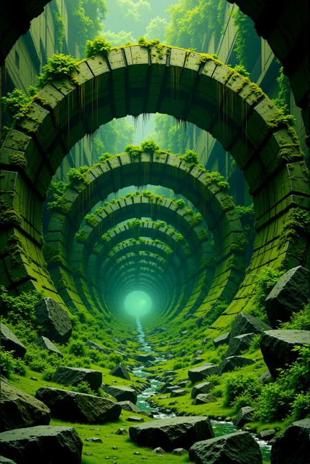 <lora:Legacy_of_the_forerunners_r1:0.8>
Overgrown with bioluminescent vegetation, a sequence of circular passageways winds into the earth like a forgotten artery of the planetâeach ring massive, reinforced, and carved from alien green stone marked with corrosion-resistant alloy veins. Moss clings to every curve, and dripping vines dangle like organic tendrils around the segmented arches, some of which are still rotating slowly in impossible silence. Deeper within, shadows obscure nested chambers with no visible source of light, only an ambient, pulse-like glow emanating from ancient machinery integrated with the living world around it. Architectural motif: jungle-buried xeno-organic infrastructure, realized in lush, overgrown green with wet-stone gloss and flickering ambient glows. Camera: interior-perspective three-quarter angle, showing both tunnel sequence and the dim, layered depth that stretches into planetary unknowns.