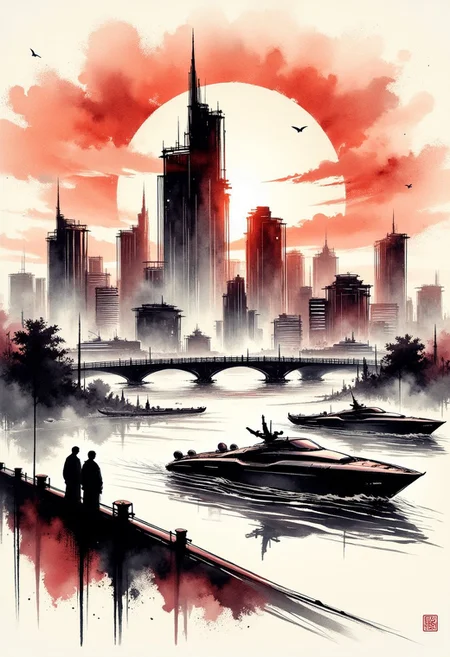 traditional japanese art style, ink on paper, wabi-sabi, henna and carmine, sepia, BREAK, inksketch in vivid, surreal colour gradient, gradient of vibrant neon colours, skyscrapers around a futuristic port city, harbour, futuristic ships, sunset, reflection, mist
