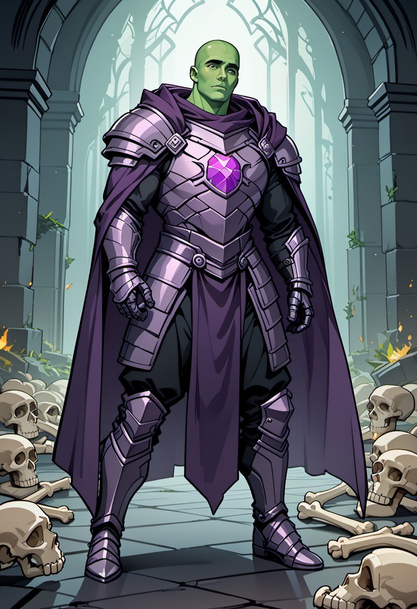 score_9, score_8_up, score_7_up, high quality, massive undead human male, bald, green skin, glowing purple eyes, muscular build, purple gem in chest, (purple cloak), black pants, (bone armor:1.3), gothic chamber deep underground, jagged stone walls lined with glowing runes, piles of bones scattered across the floor, dark altars with sacrificial offerings, flickering green flames from iron braziers, faint chanting echoes, oppressive and malevolent atmosphere