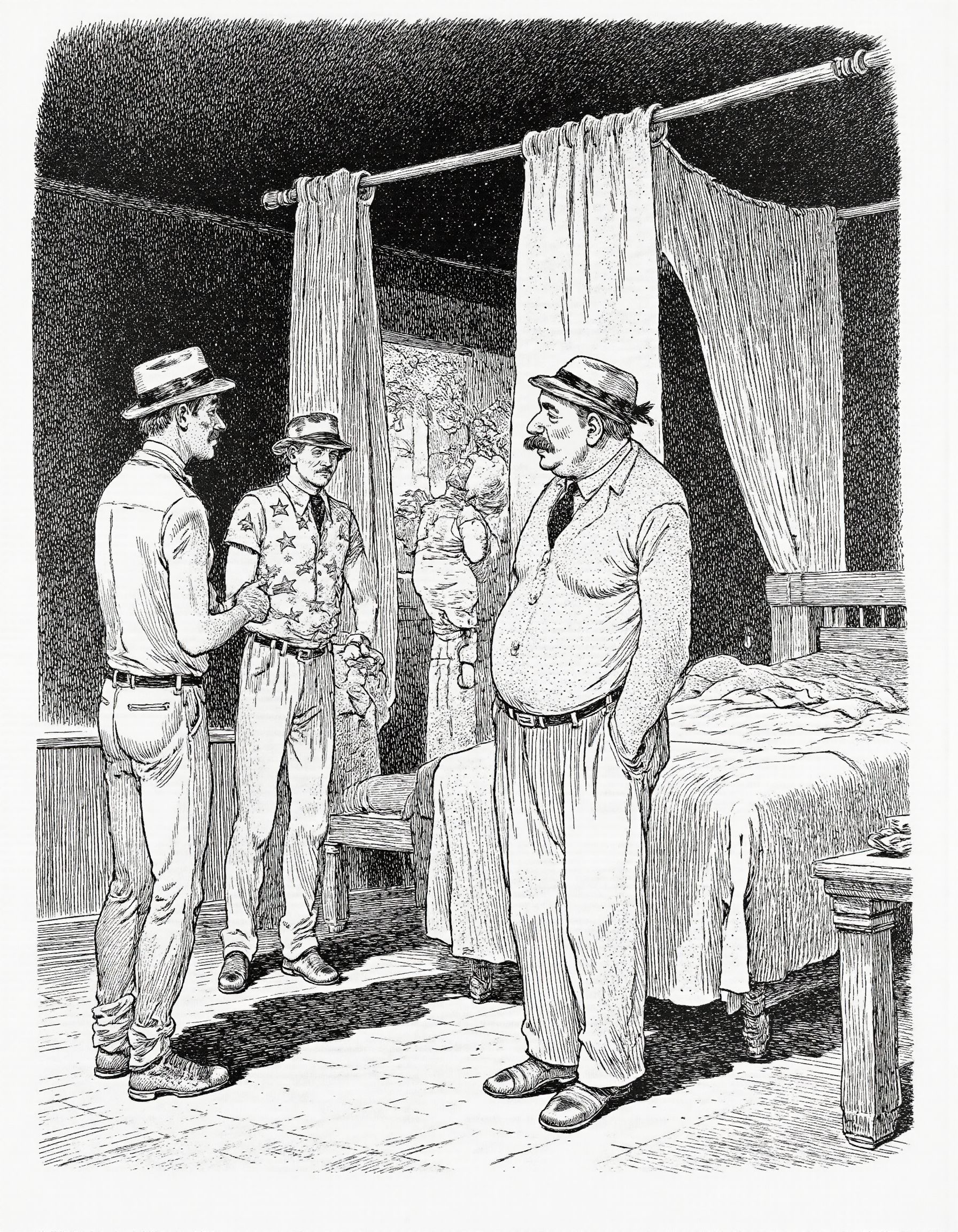 <lora:mig4v:1>This image is a black-and-white drawing, likely created using ink on paper, depicting a scene set indoors. The drawing has a detailed, illustrative style, with intricate line work and shading. The setting appears to be a rustic, possibly historical, room with dark, textured walls and a wooden floor. 
In the foreground, three men are engaged in conversation. The man on the left is wearing a suit with a tie, a hat, and a thick mustache, suggesting a formal or authoritative figure. He holds a rolled-up document in his hand. The man in the center is dressed in a patterned shirt with stars, baggy pants, and a flat cap, giving him a casual, perhaps clownish appearance. The man on the right is dressed in a simple, short-sleeved shirt and shorts, standing with his hands on his hips.
Behind them, a fourth man stands near a bed with a curtain draped over it, partially obscured by the men. The bed has a pillow and a blanket, suggesting a sleeping area. The room is dimly lit, with shadows cast by the figures and the bed, adding to the atmosphere of mystery or suspense. The overall style and setting suggest a historical or period drama.