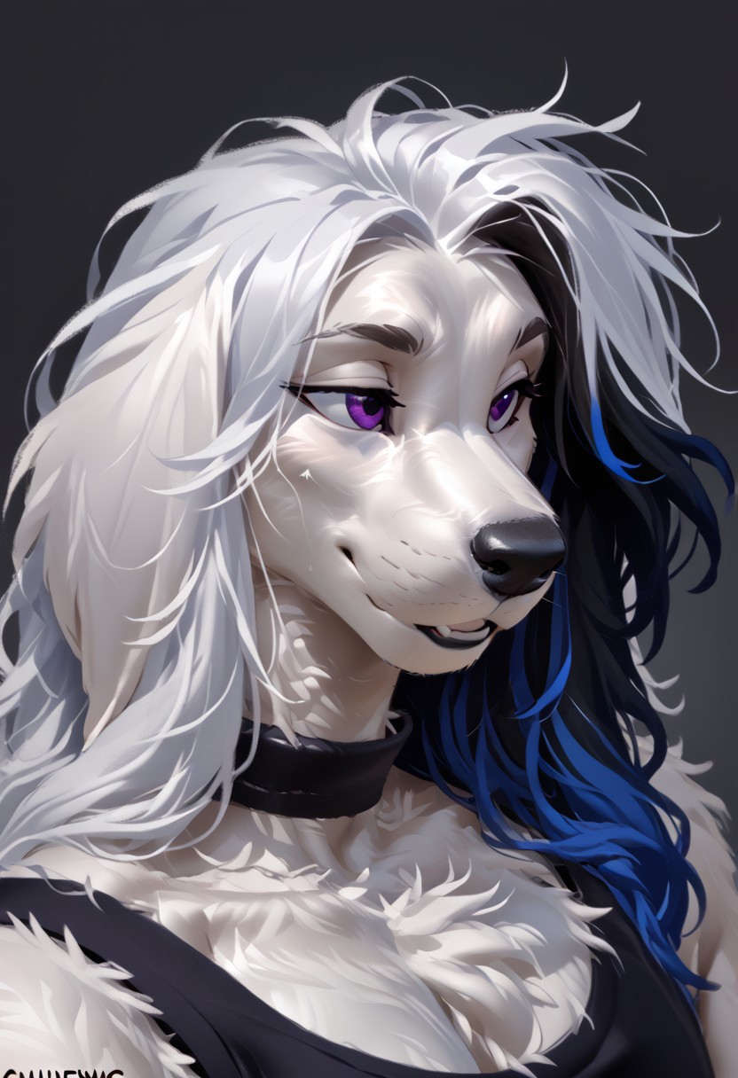 score_9, score_8_up, score_7_up, (by kittydee:1.5), (by jailbird:1.5), (by zummeng:1.5), masterpiece, best quality, (solo), 
(Furry Art: Anthro: Afghan Hound:1.5), expressive eyes, feminine eyes, perfect face, feminine face, large breasts, perfect face, black snout fur, (white fur:1.5), (floppy dog ears:1.5), purple eyes, streaked hair, black hair with neon blue highlights, (long hair), asymmetrical bangs,