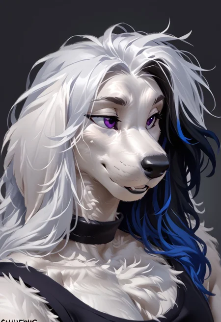 score_9, score_8_up, score_7_up, (by kittydee:1.5), (by jailbird:1.5), (by zummeng:1.5), masterpiece, best quality, (solo),
(Furry Art: Anthro: Afghan Hound:1.5), expressive eyes, feminine eyes, perfect face, feminine face, large breasts, perfect face, black snout fur, (white fur:1.5), (floppy dog ears:1.5), purple eyes, streaked hair, black hair with neon blue highlights, (long hair), asymmetrical bangs,