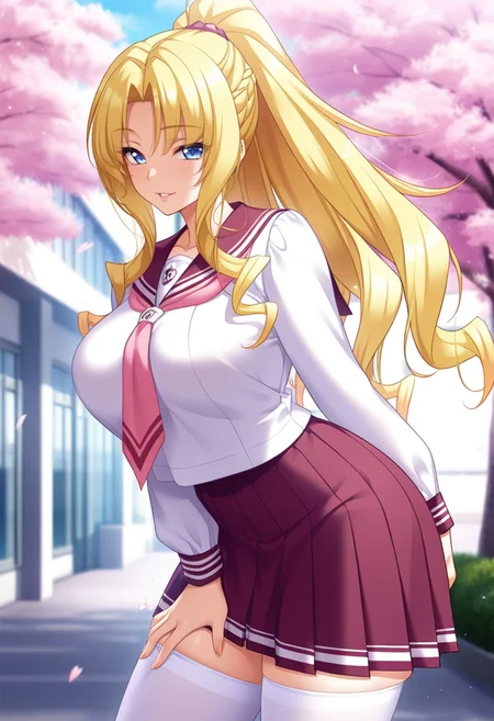 masterpiece, best quality, amazing quality,saeka arisugawa, blue eyes, blonde hair, long hair, ponytail, hair intakes, mature female, 1girl, solo,white thighhighs, breasts,white serafuku,large breasts, pleated skirt,pink neckerchief, maroon skirt,parted lips, light smile, standing, looking at viewer, cowboy shot, blurry background, outdoors, school, cherry blossoms<lora:saeka arisugawaV1:0.9>