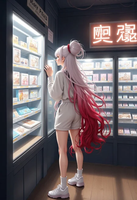 masterpiece, detailifier, shaders, perfect shadows, perfect lightning, perfect shaders, real anime style, detail eyes, magic eyes, de01, high resolution, high definition, 4k, great details, high quality, detailed, high detailed anime style, a sign that says only buzz are accepted, girl with long white and red hair, white sports shirt and long sports shorts, white socks, old tennis shoes, would be looking at a display case which sells various products, these would have their price (randomly over 1000) and with a small yellow buzz symbol (yellow lightning) replacing the dollar symbol, minimalist shop, minimalist ambient, the display case would be very well decorated and detailed, a sign that says only buzz are accepted, from the girl would come out a cloud that represents her thought which has an empty wallet and next to it a yellow buzz symbol (yellow lightning), hair simulating movement, detailed hair, detailed image, realistic hair movement simulation, extremely detailed hair, realistic hair, beautiful face, gorgeous face, perfect face, display case with valuable items, has a smile of excitement when seeing something, A illustration in the rimixa style, anatomically perfect body, sign, buzz simbol, buzz image, cloud hair, minimalist style, legible letters, ponytail, fluffy hair, fitness body, beautiful face, electronic shop, a sign that says only buzz are accepted, a sign that said buzz