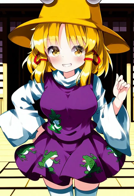ruu style, (japanese shrine), (feudal japan), daytime, 1girl, solo, naughty smile, teeth, ((large breasts)), ((blush)), ((standing)), ((posing)), looking at viewer, ((moriya suwako)), blonde hair, yellow eyes, hat, white shirt, wide sleeves, purple skirt, purple vest, frog print, white thighighs