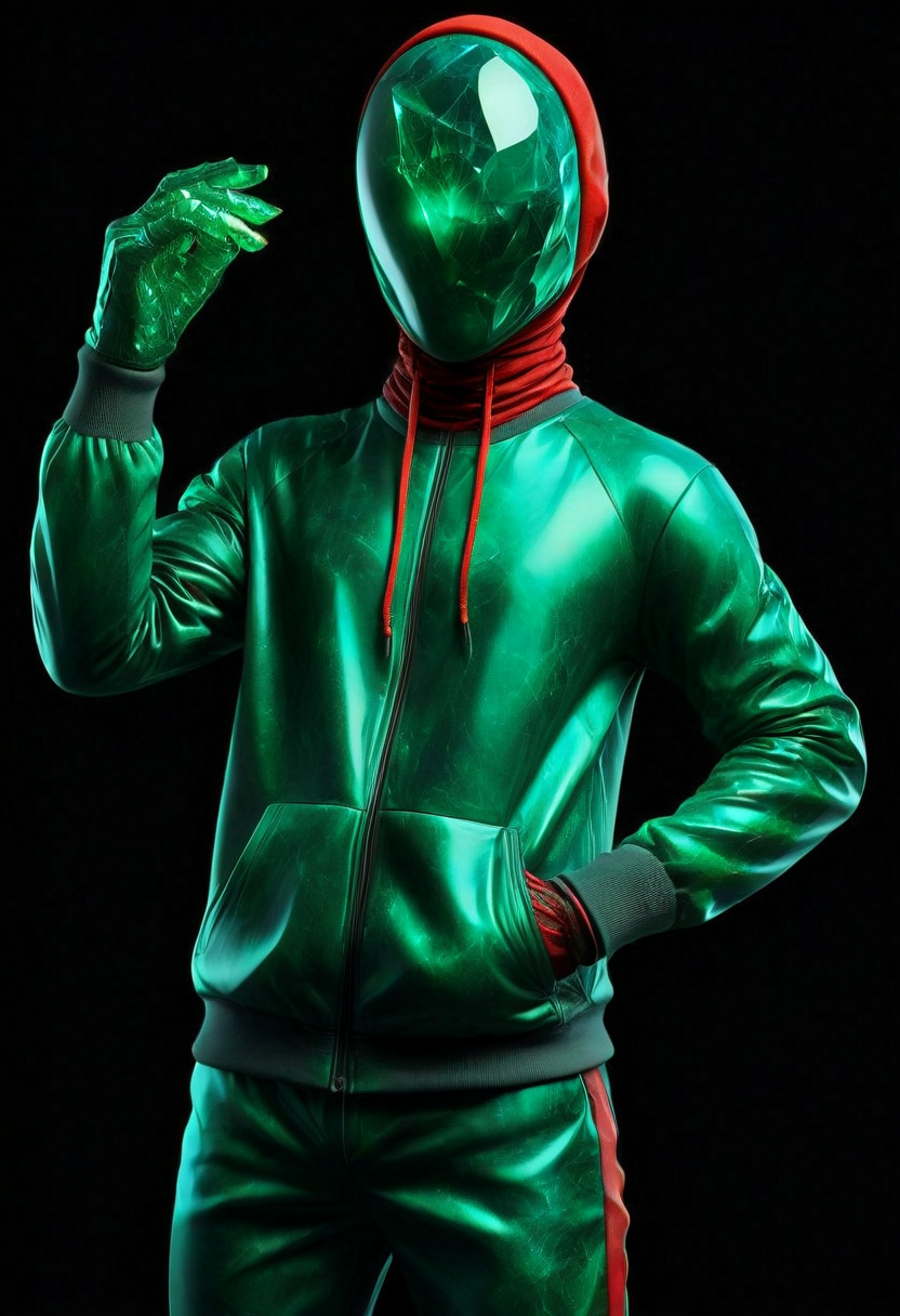 portrait of (faceless:1.7) man with a strange emeraldmorph glowing faceless. green and red colors. creature wear in red sporty tracksuit. clean Black background, <lora:EmeraldMorph:1.0> <lora:AtomicHeartTwinsCosplay_SDXL:0.7>  atomichearttwinscosplay <lora:detailed_notrigger:1>