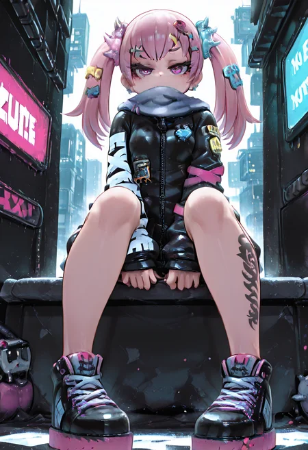 masterpiece, best quality, (zzH0ld, shoes, black footwear, tattoo, sneakers, pink footwear, foot focus, sitting), zzH0ld, illuminated by neon blue and pink lights, cyberpunk cityscape in the background, sleek augmented tattoos glowing beneath their skin, metallic spikes on their jacket, holographic jewelry shimmering, circuitry-styled leg tattoo pulsing, futuristic high-tech aesthetic, cold mechanical stare ,<lora:HoldXcute_IXL:1.0>, NyxL0v3, <lora:NyxLoveStyle_IXL:0.8>,